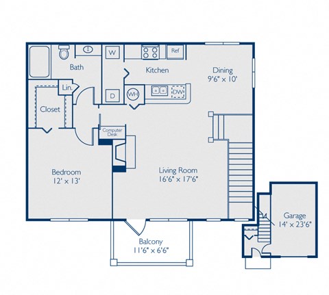Floor plan for 1 bed, 1 bath, 950 sqft